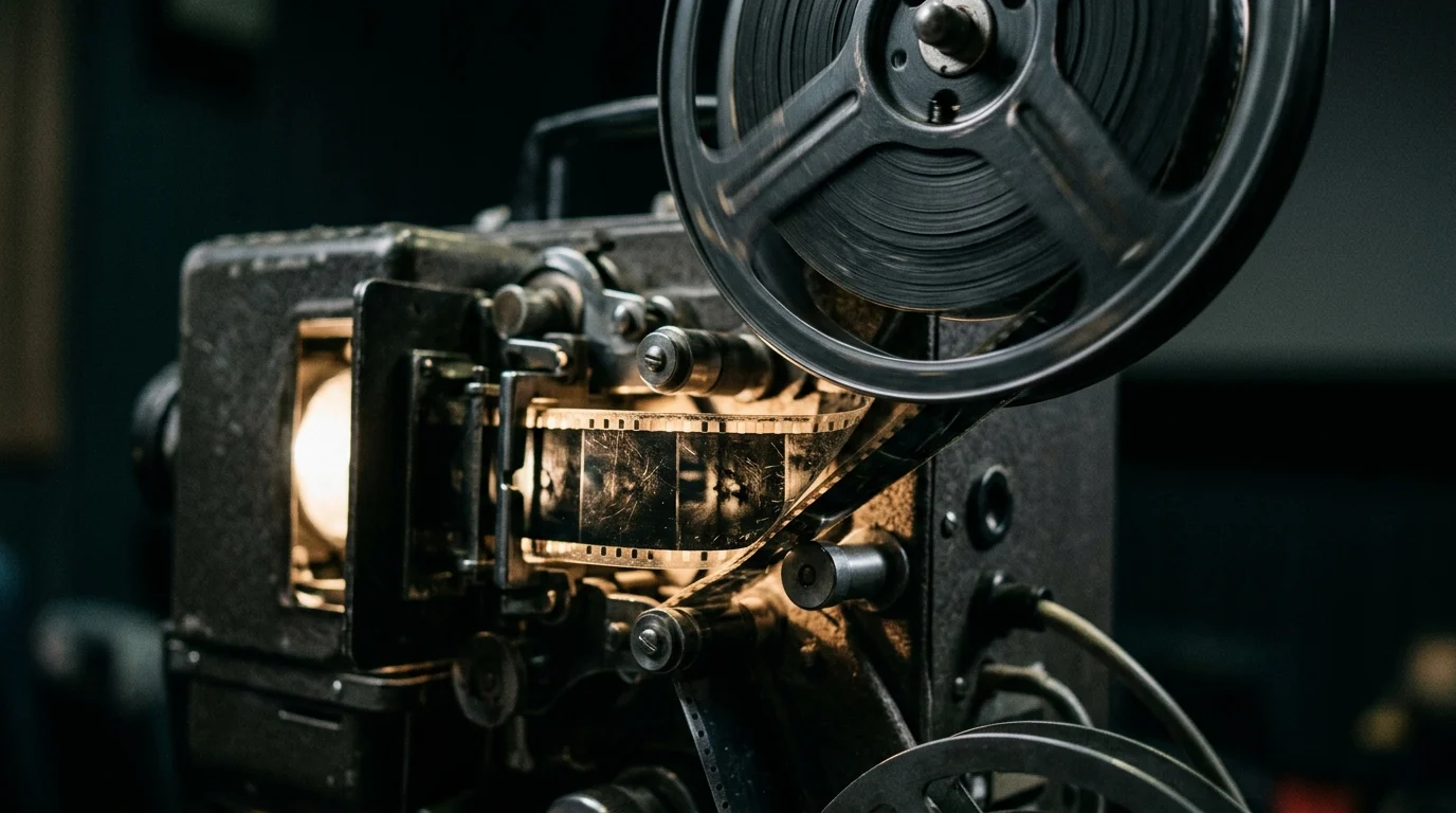 Close-up of a 35mm film reel in motion.