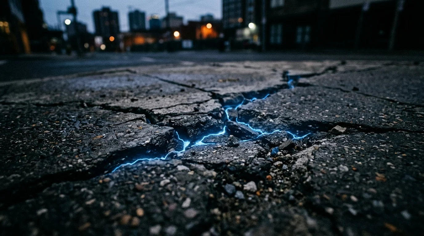 A conceptual image of cracked asphalt with blue energy glows.