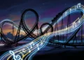 A conceptual digital art piece featuring abstract roller coaster tracks and musical notes.