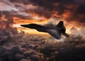 A silhouette of a fighter jet flying through a sunset cloudscape.