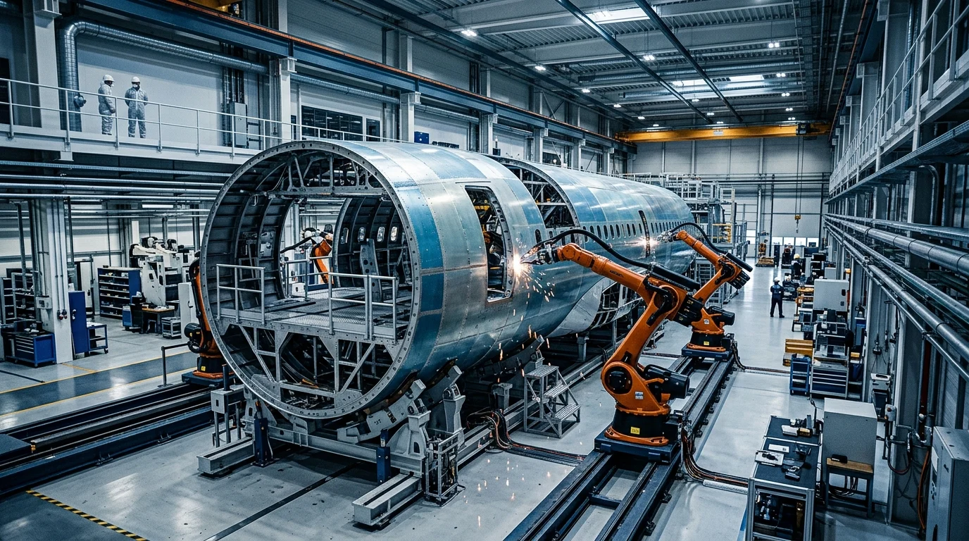Abstract visualization of an advanced aircraft manufacturing facility.