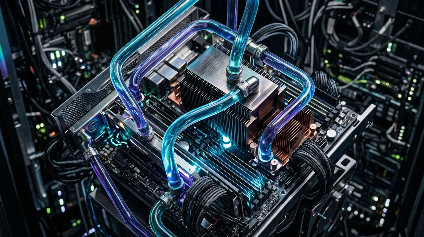 Abstract representation of data center liquid cooling technology.