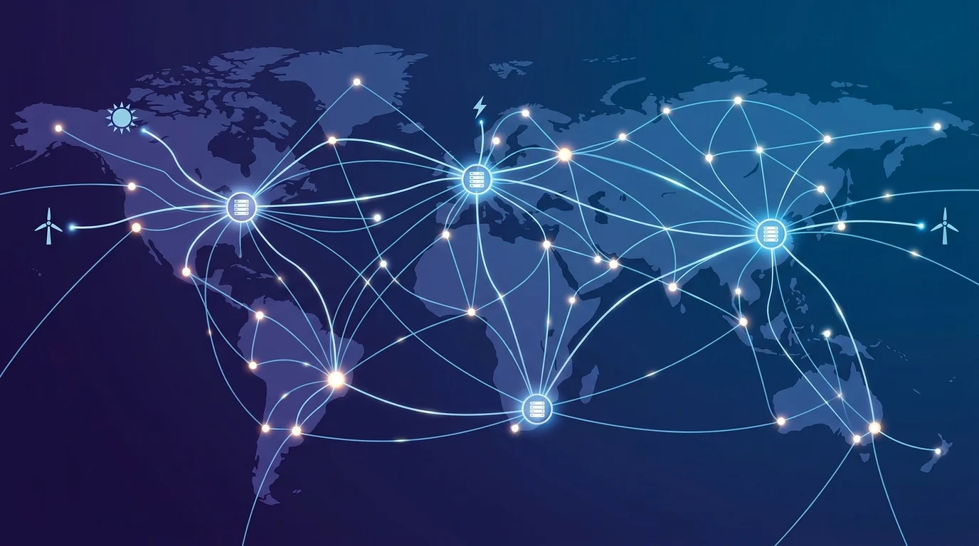 A digital network grid representing global connectivity and power transmission.