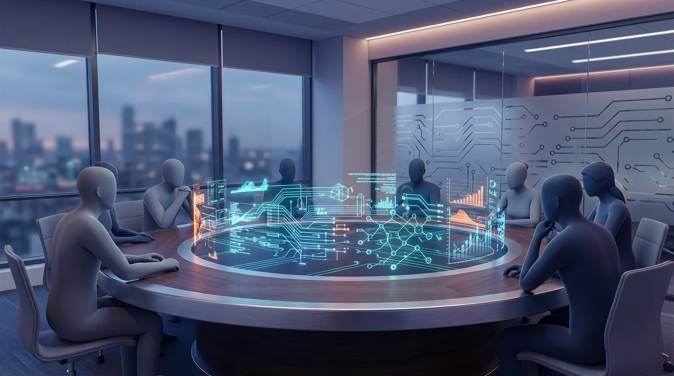 A conceptual 3D render of a digital oversight committee table with holographic elements.