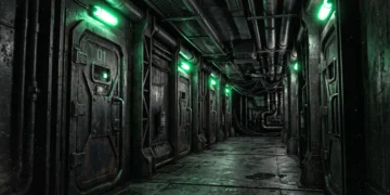 A dark industrial sci-fi corridor with green lighting.