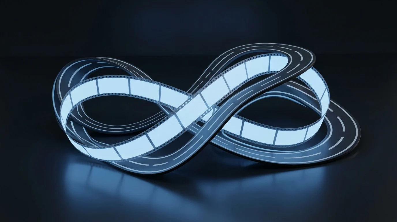 Conceptual 3D render of a glowing blue racing track and film strip.