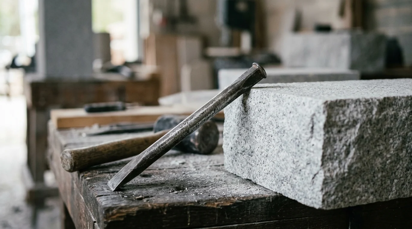 A chisel against a blank marble block.