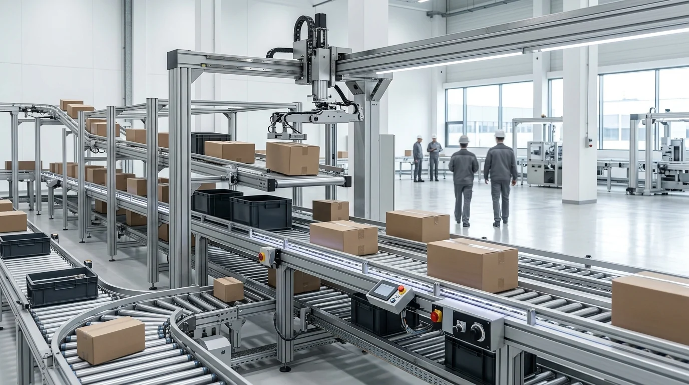 A conceptual image of an automated manufacturing and sorting system.