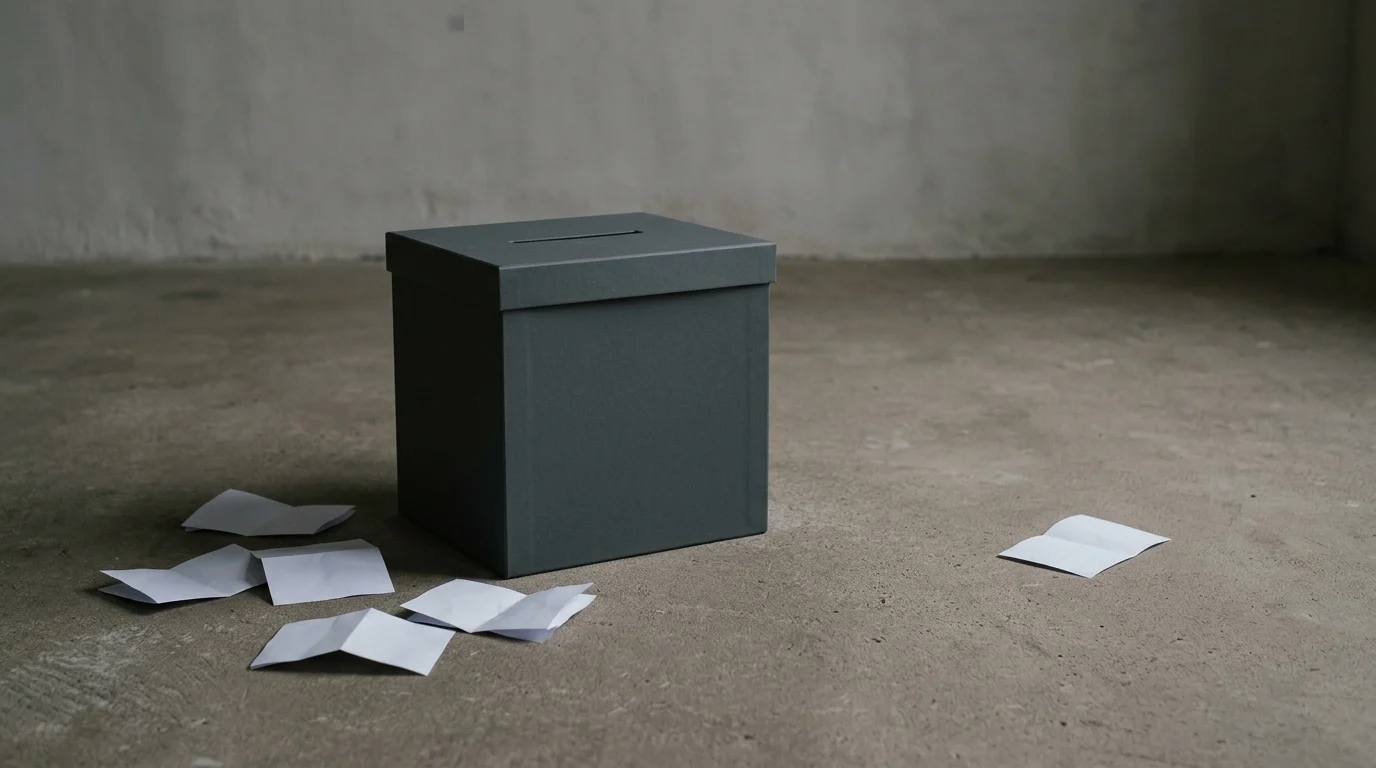 Minimalist digital art of a ballot box and falling papers.
