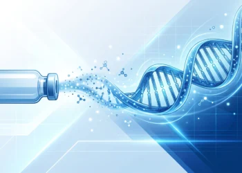 Conceptual illustration of biotechnology transition from vaccines to genetic research.