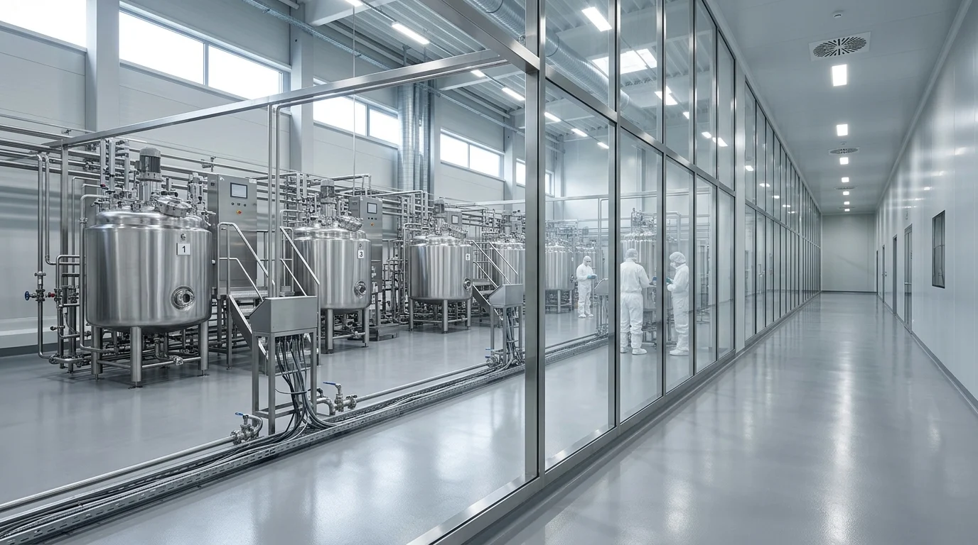 Interior of a modern pharmaceutical manufacturing facility.