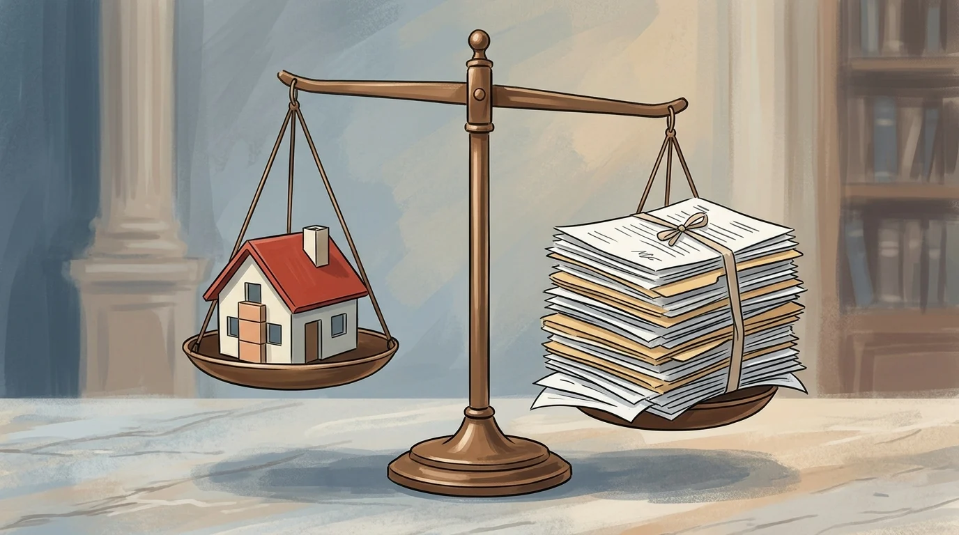 Scales of justice weighing a house model against documents.
