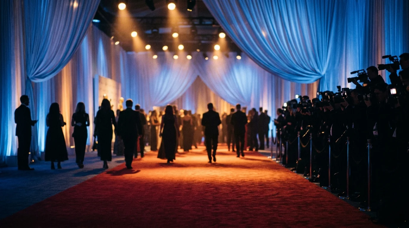 Abstract red carpet lighting and blue fabric textures.