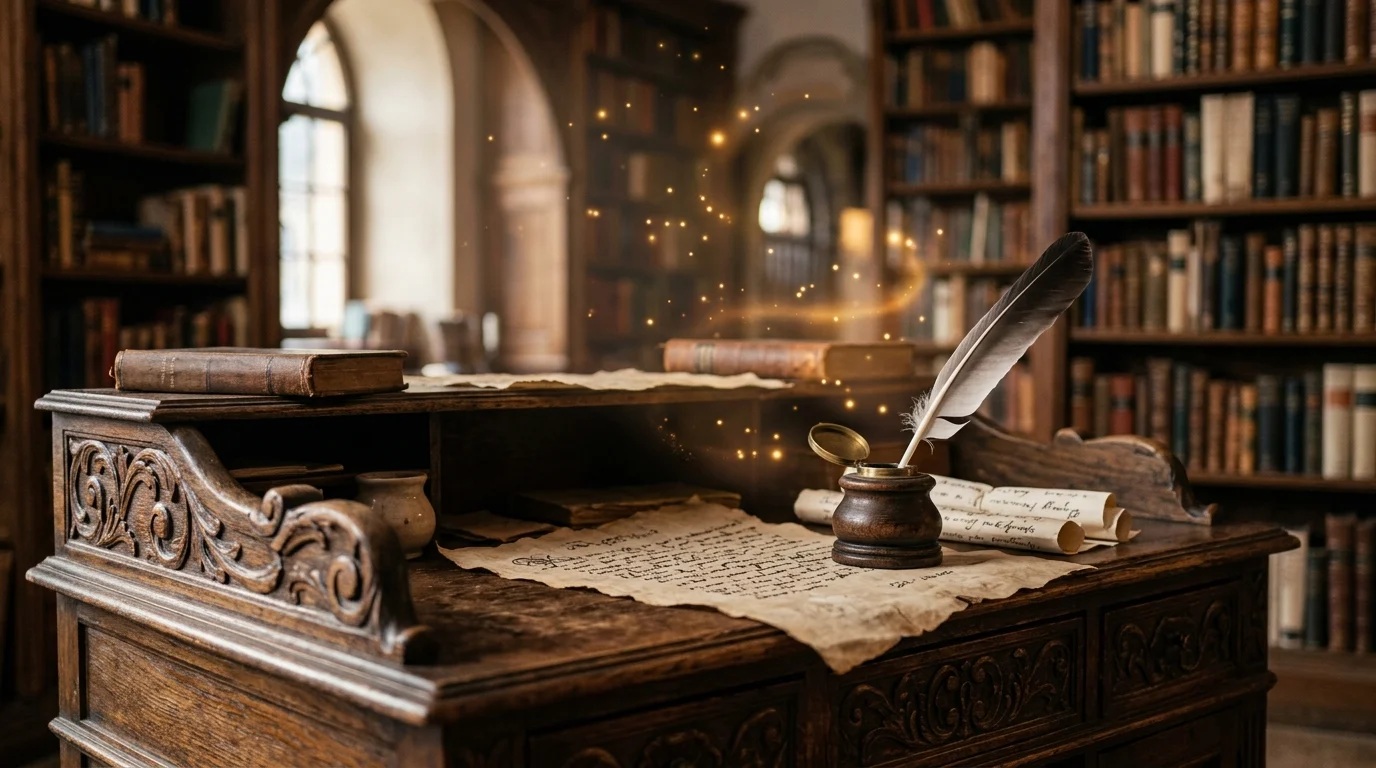 A close-up of a wooden desk with a quill and parchment in a magical library setting.