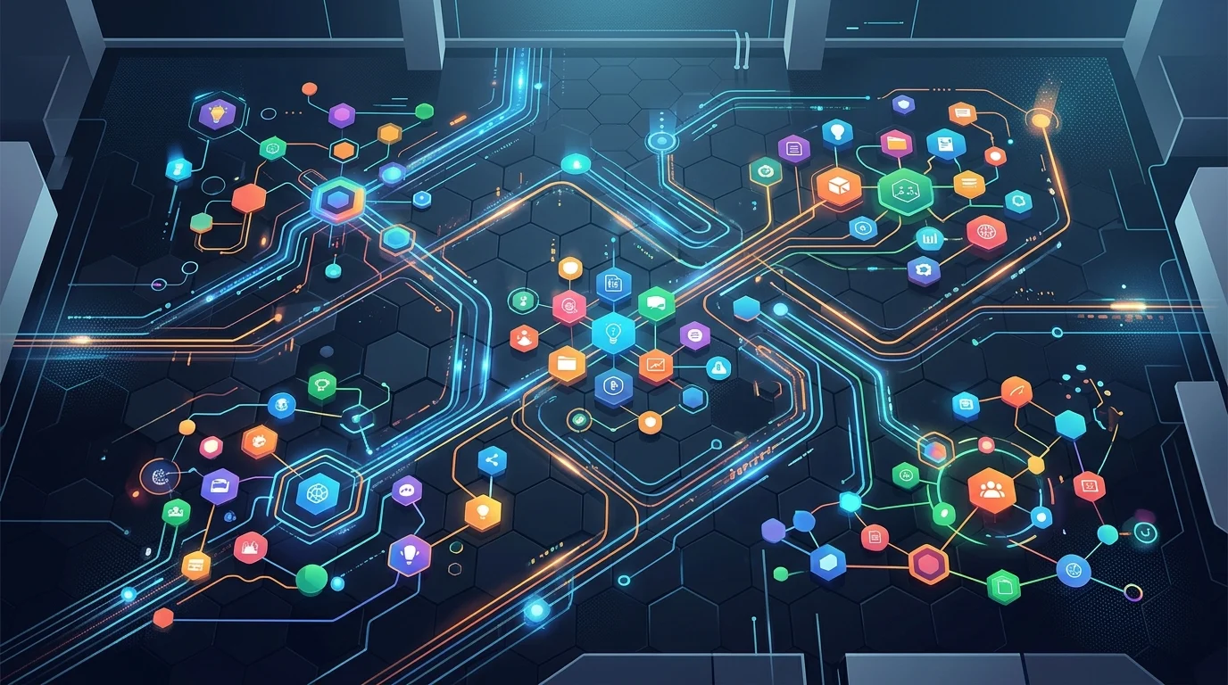 A conceptual digital workspace with interconnected nodes representing team collaboration.