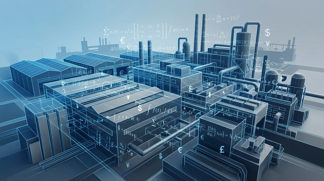 Abstract industrial facility with mathematical overlays representing financial calculations.