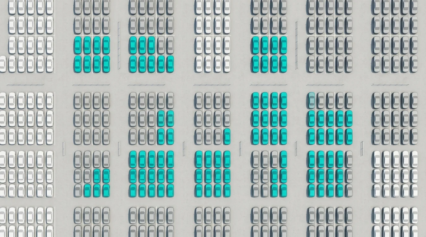 Overhead view of generic car silhouettes in a large parking lot.