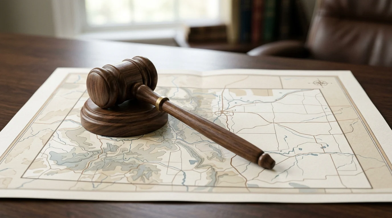 A conceptual image of a gavel on a map representing local jurisdiction.
