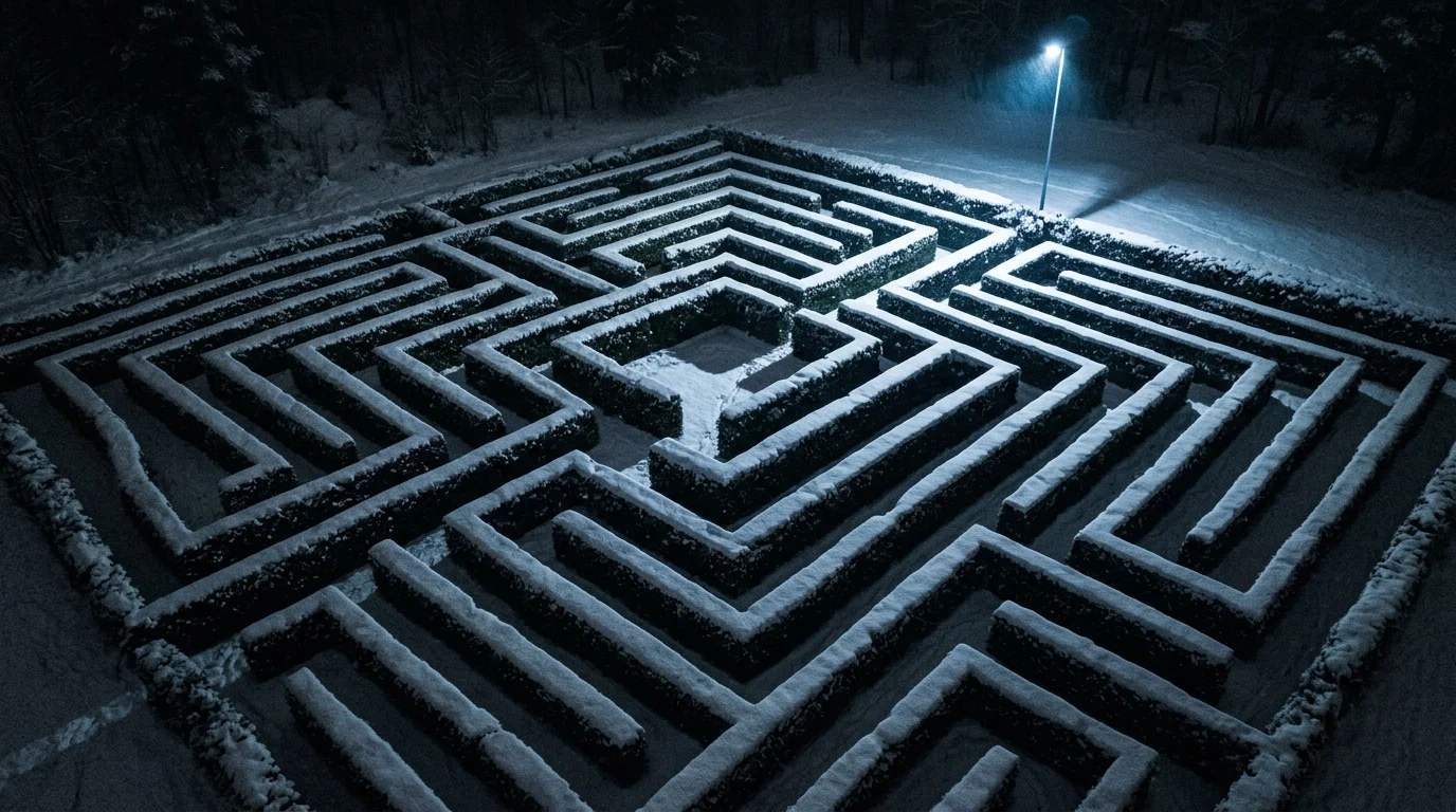 A minimalist overhead view of a snowy hedge maze at night.
