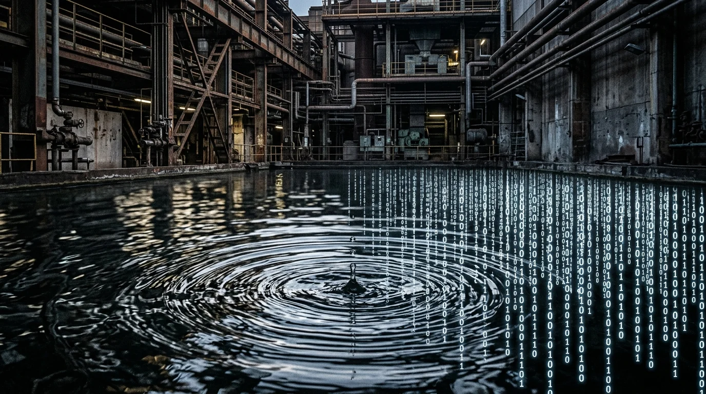 Conceptual art of water ripples and binary code.