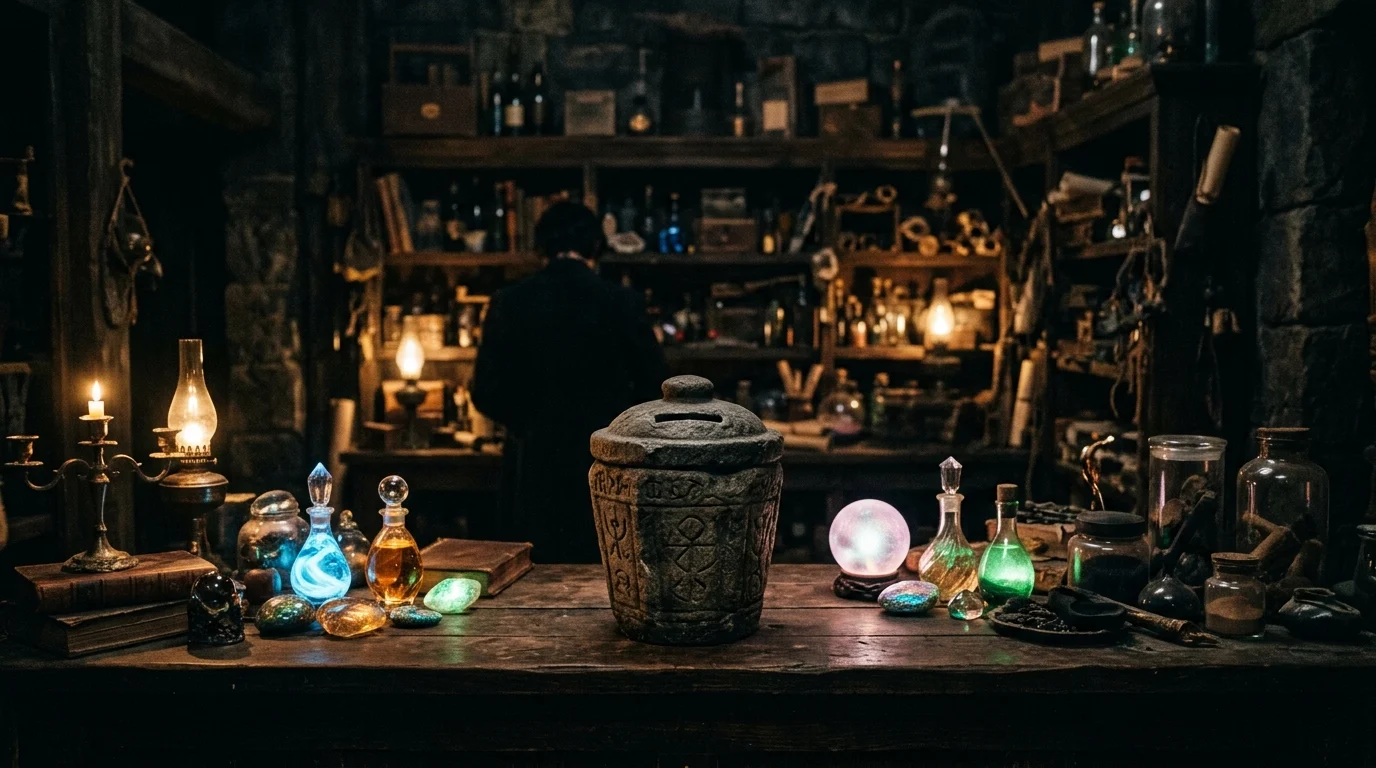 A conceptual view of a mysterious in-game shop counter with a ballot box.