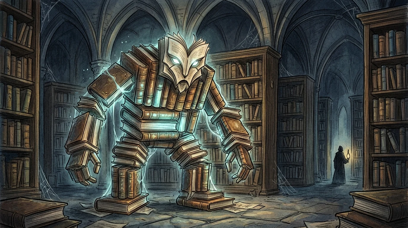 A stylized creature made of books representing a Haunt in the university district.