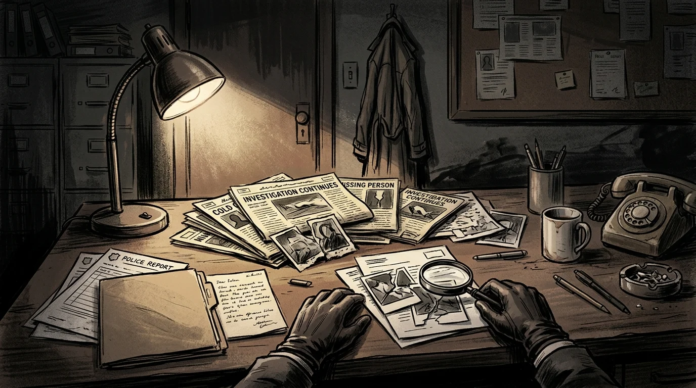 A shadowy office desk filled with case files and investigative notes.