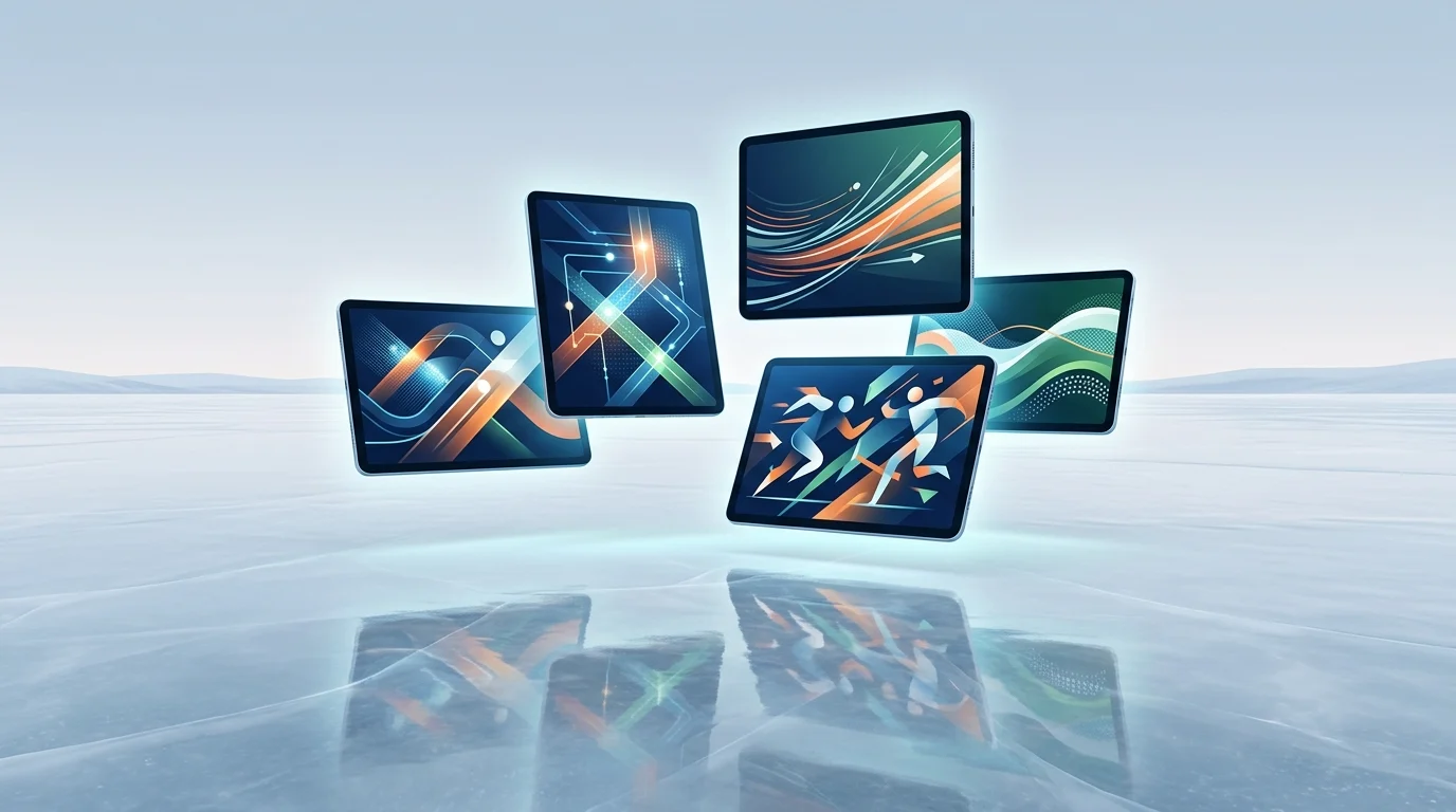 Conceptual art of digital devices over an ice rink.