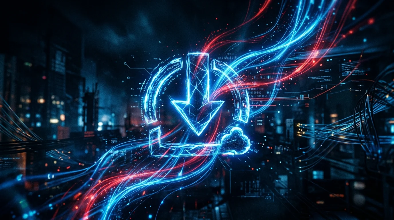 Abstract digital download symbol with glowing trails.