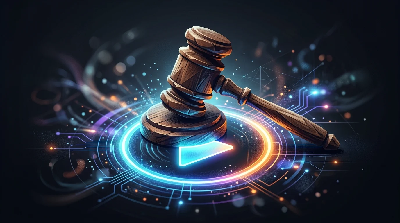 A gavel resting on a digital play button icon