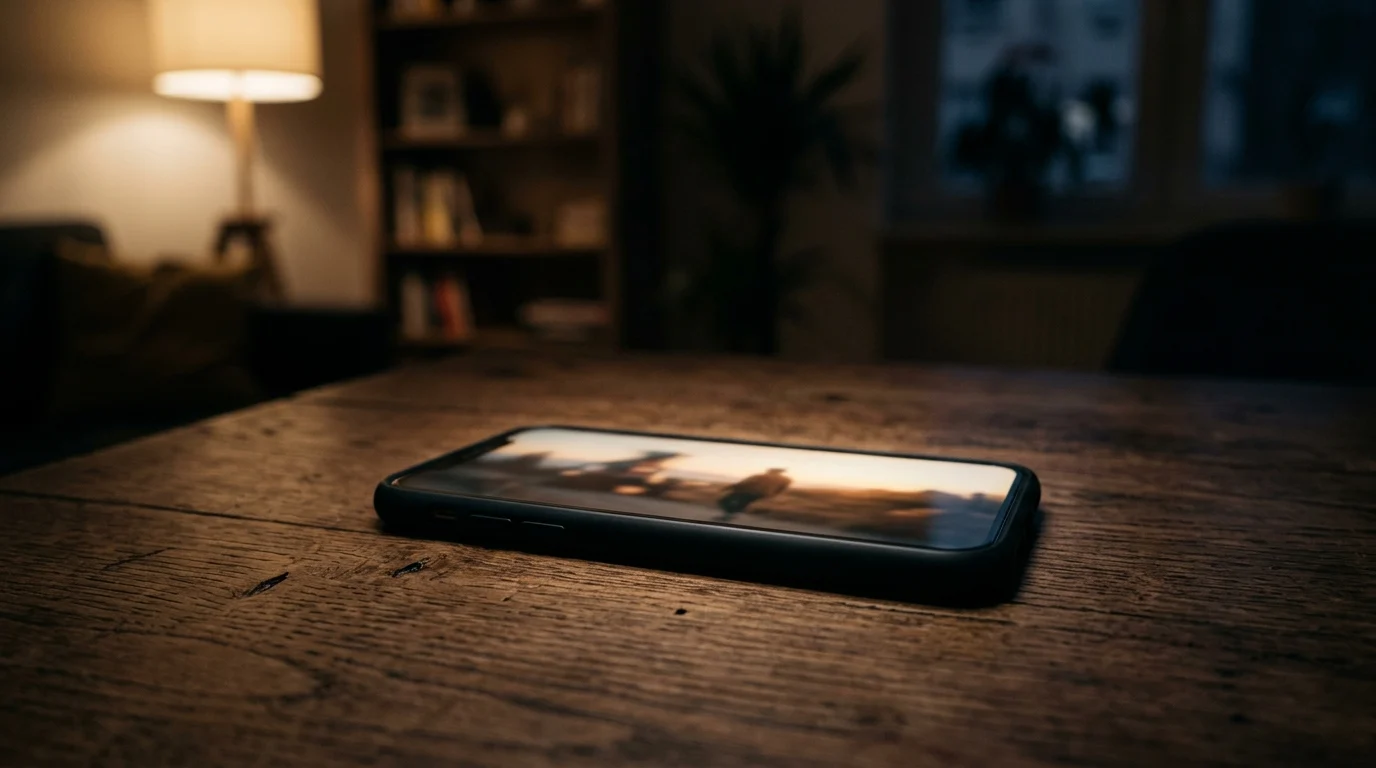 A smartphone resting on a table in a dark room.