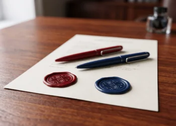 Two pens resting on an official document with wax seals.