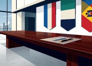 Conceptual illustration of a high-level diplomatic meeting room.