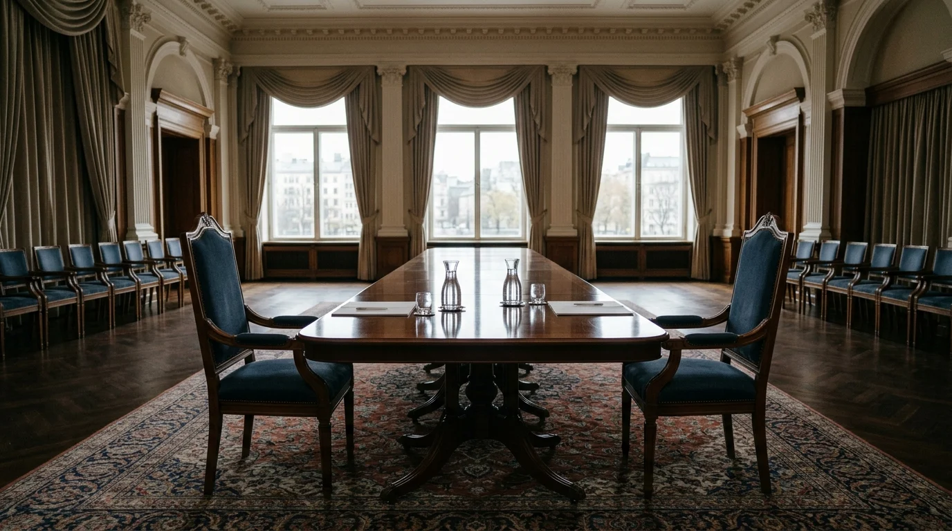 An empty diplomatic meeting room representing a formal protest and summons.