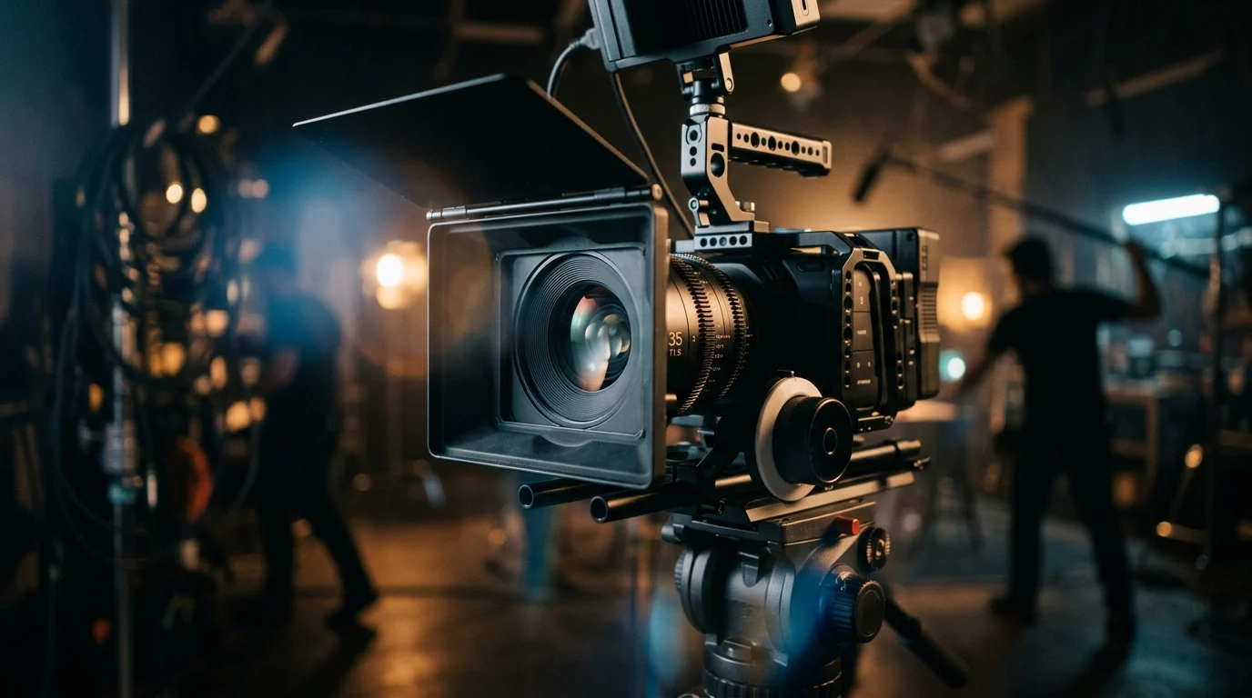 A professional cinema camera on a dark studio set.