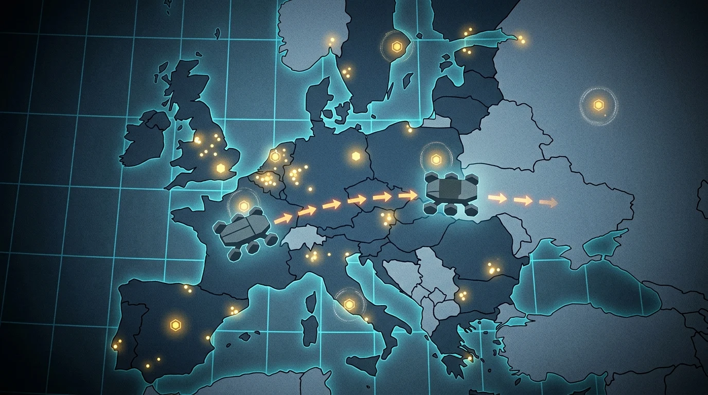 Conceptual map of Europe with robotic icons.