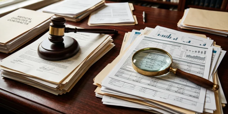 A magnifying glass resting on financial documents and medical paperwork.