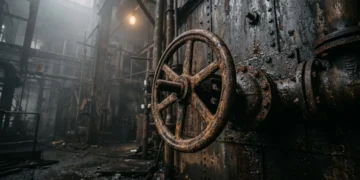 A rusted metal valve handle inside a dark, foggy industrial building.