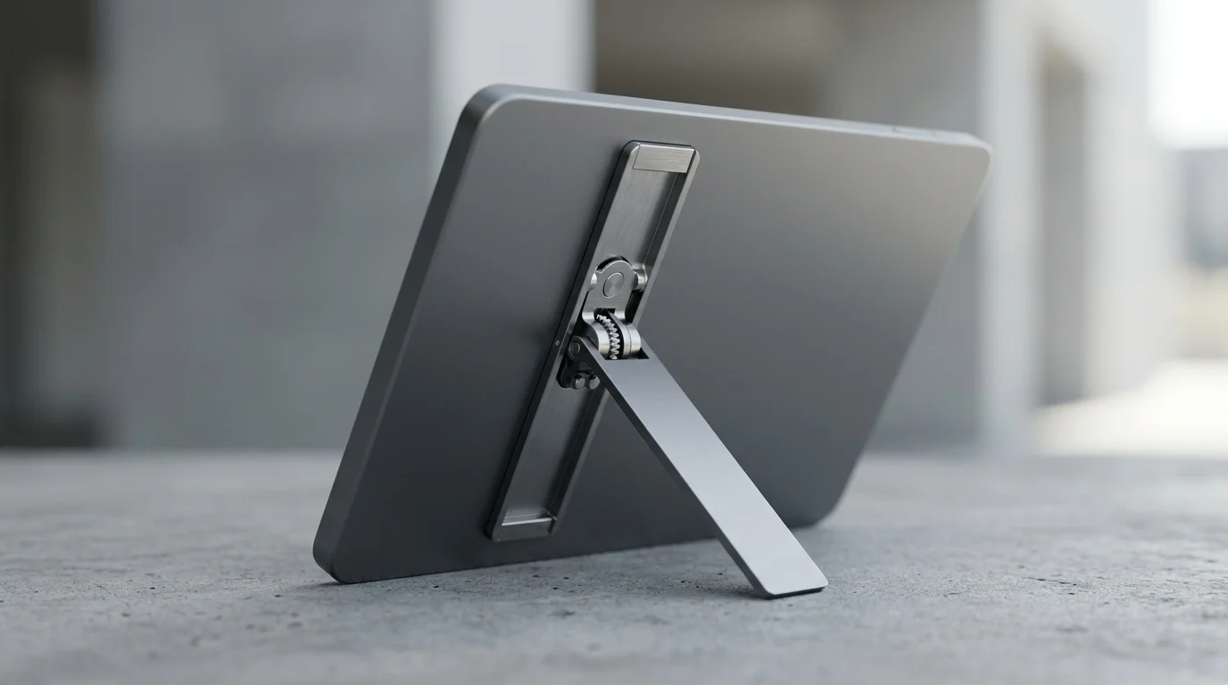 Close-up of a foldable stand on the back of a portable electronic device.