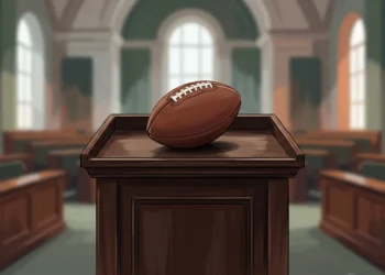 A football placed on a political podium symbolizing the intersection of sports and state politics.