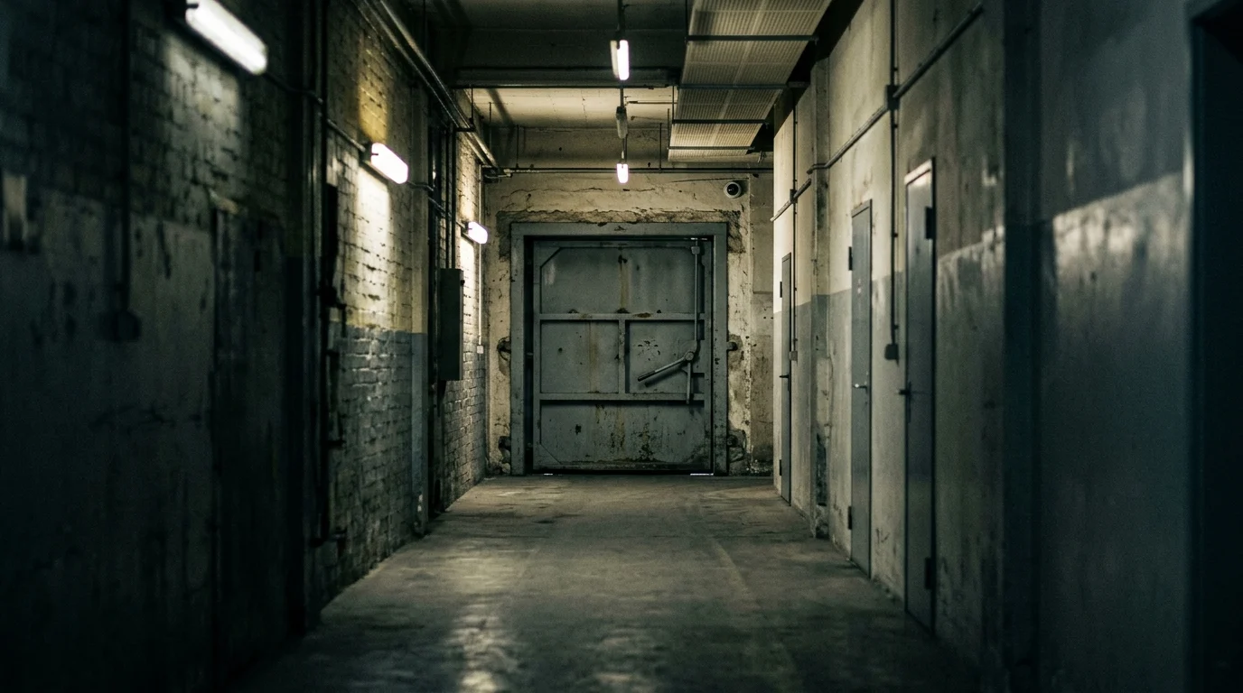 A spooky, dimly lit industrial hallway.
