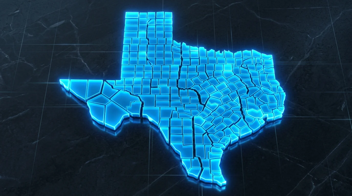 A conceptual fragmented blue map of Texas.