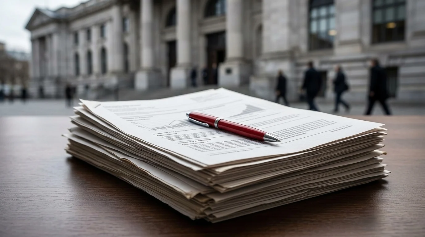 Conceptual image of government budget documents and austerity measures.
