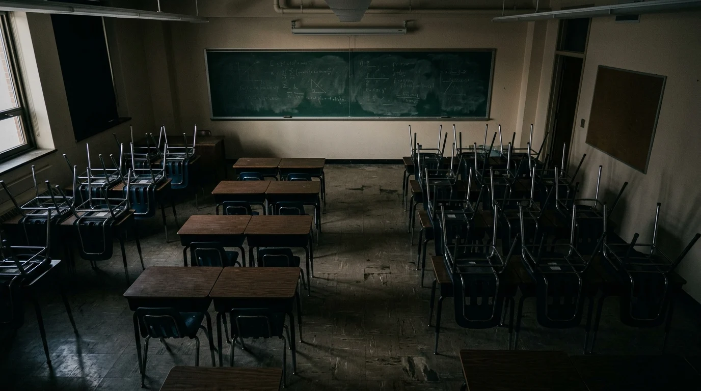 A conceptual view of an empty classroom representing school disruptions.