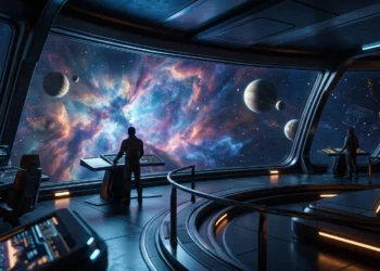 Conceptual view of a starship bridge overlooking a distant galaxy.