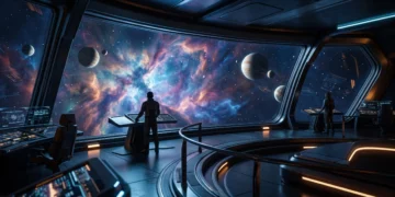 Conceptual view of a starship bridge overlooking a distant galaxy.