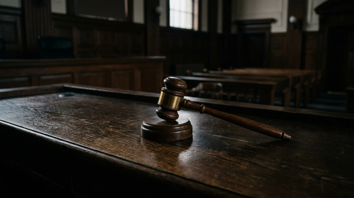 A wooden gavel resting on a dark surface.