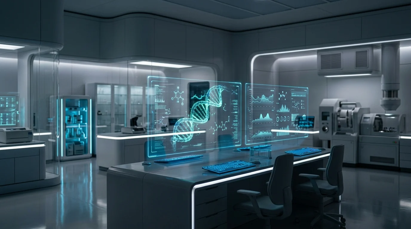 A futuristic laboratory setting with holographic scientific data displays.