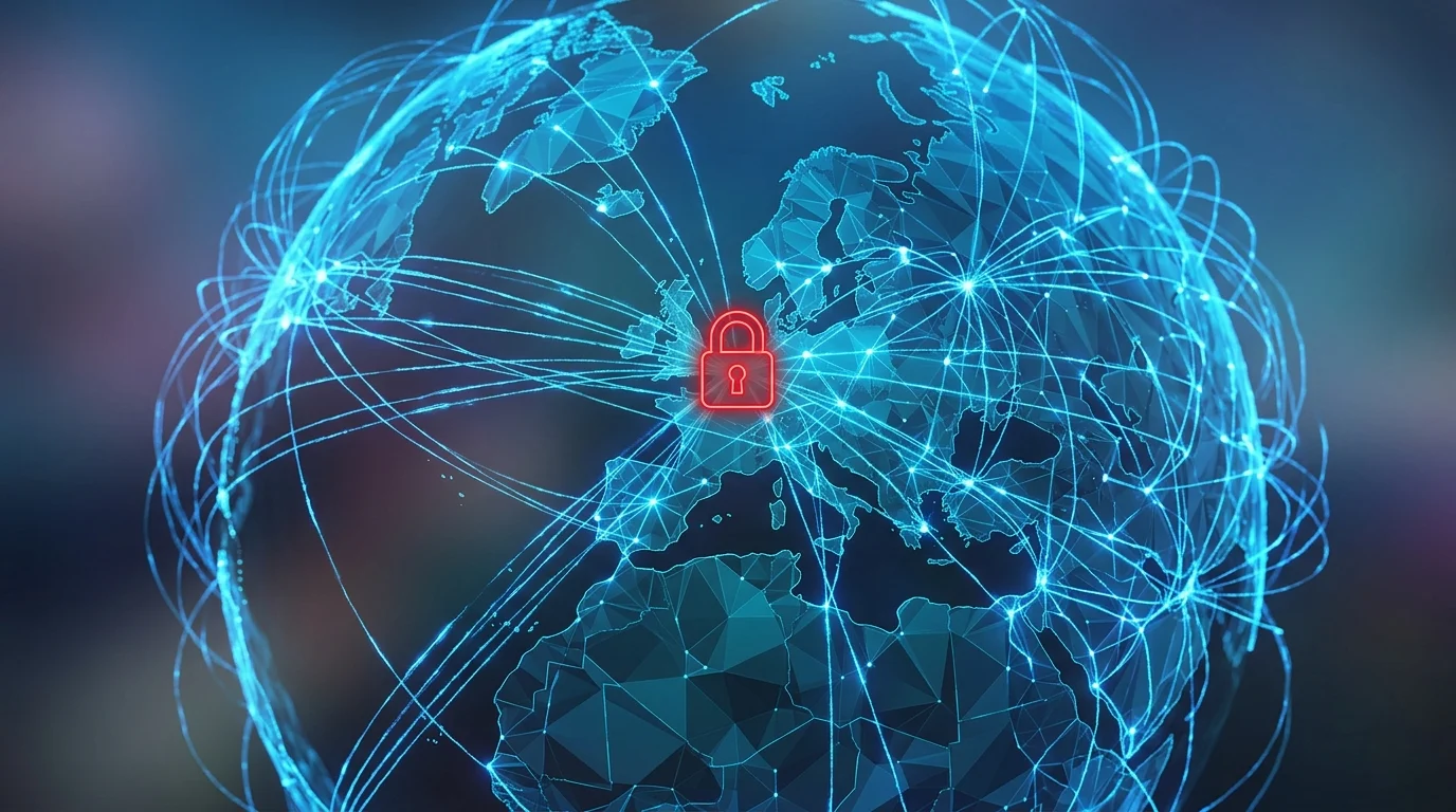 Abstract digital map showing global network connections and a security lock over the Netherlands.
