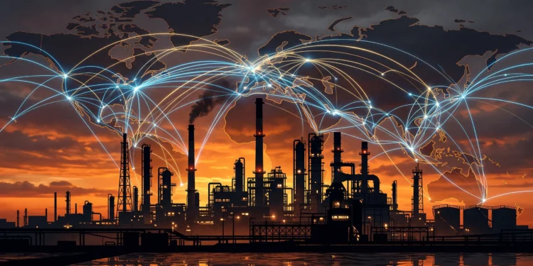 Conceptual silhouette of an oil refinery at dusk with glowing data lines.